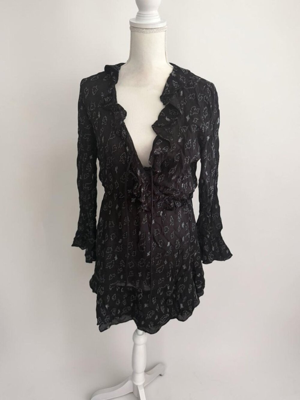 IRO Black Patterned Ruffle Wrap Dress Size 38 / US 6
